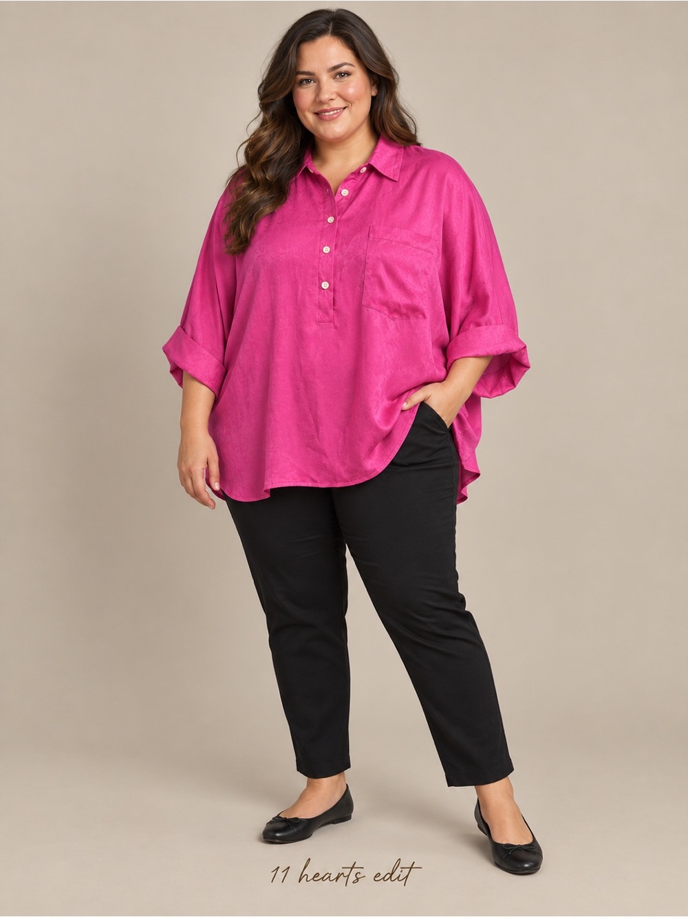 Andrée by Unit Fuchsia Satin Oversized Dolman Blouse 1X NWT